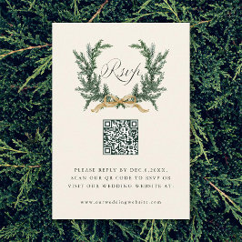Gold Bow & Green Pine Wreath Wedding QR Code Ivory RSVP Kaartje