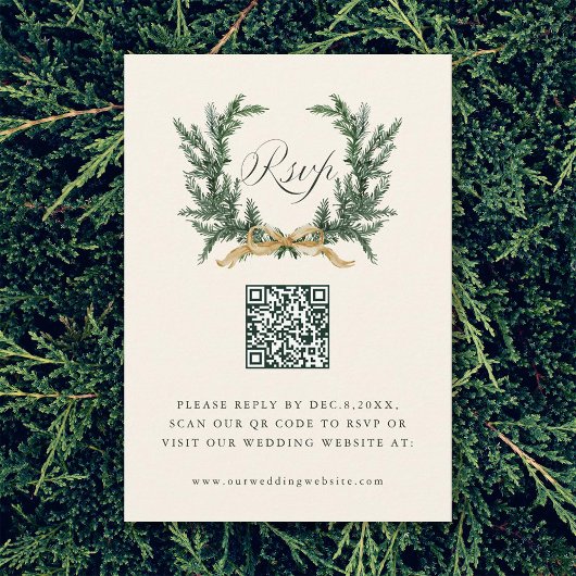 Gold Bow & Green Pine Wreath Wedding QR Code Ivory RSVP Kaartje