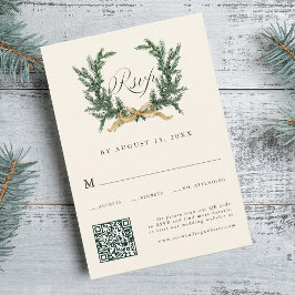 Gold Bow & Green Pine Wreath Wedding QR Code Ivory RSVP Kaartje