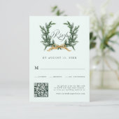 Gold Bow & Green Pine Wreath Wedding QR Code Mint RSVP Kaartje (Staand voorkant)