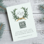 Gold Bow & Green Pine Wreath Wedding QR Code Mint RSVP Kaartje