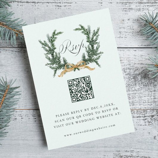 Gold Bow & Green Pine Wreath Wedding QR Code Mint RSVP Kaartje