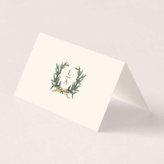 Gold Bow & Greenery Border Ivory Place Card (Back)