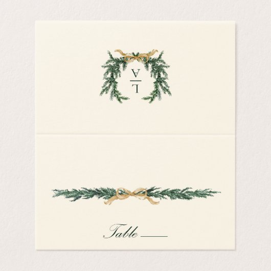 Gold Bow & Greenery Border Ivory Place Card (Outside Unfolded)