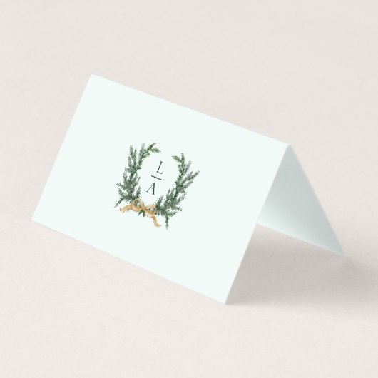 Gold Bow & Greenery Border Mint Wedding Place Card (Back)