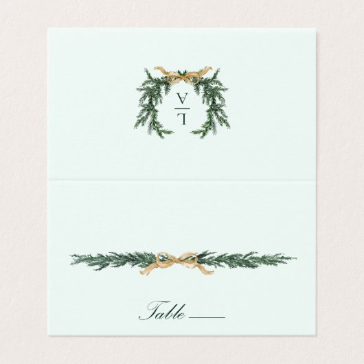 Gold Bow & Greenery Border Mint Wedding Place Card (Outside Unfolded)