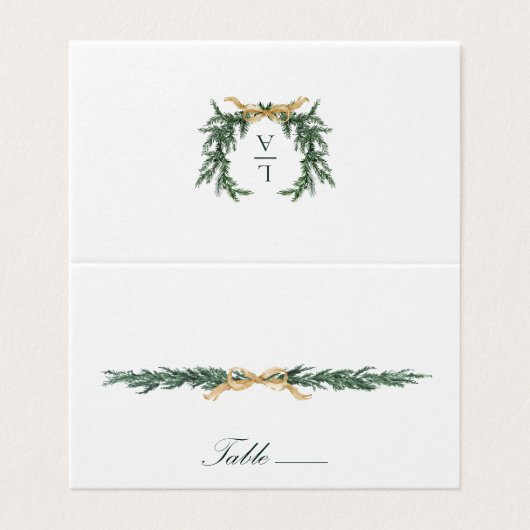 Gold Bow & Greenery Border Wedding Place Card (Outside Unfolded)