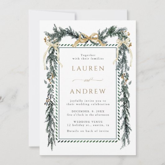 Gold Bow & Greenery Garland Wedding All in One Kaart (Voorkant)