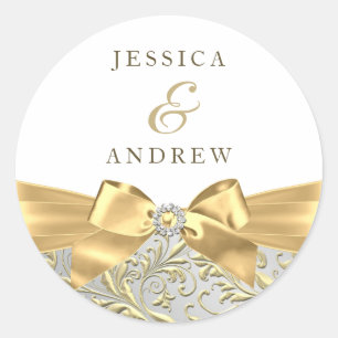 Gold Bow Leaf White Wedding Verloving Jubileum Ronde Sticker