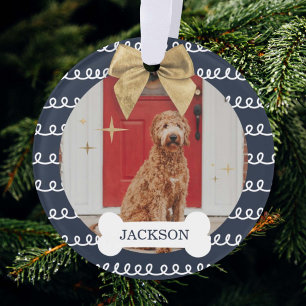 Gold Bow Navy & White Swirl Pattern Dog Bone Foto Ornament