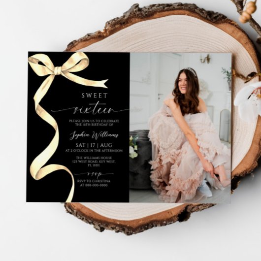Gold Bow Photo Sweet 16 Anniversaire Invitation