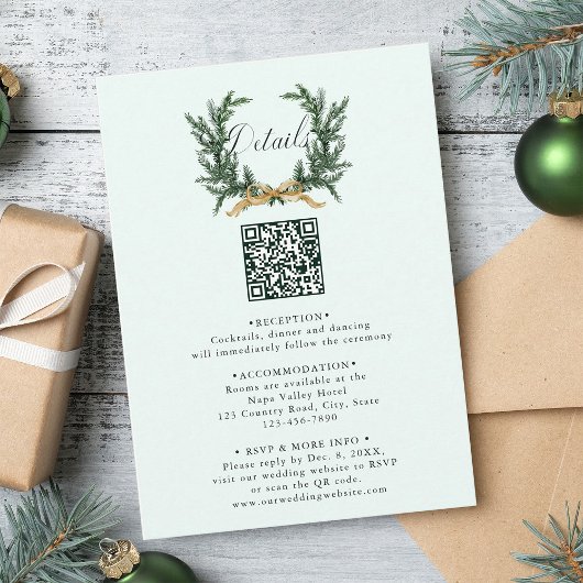 Gold Bow & Pine Wreath Wedding Details Mint Informatiekaartje