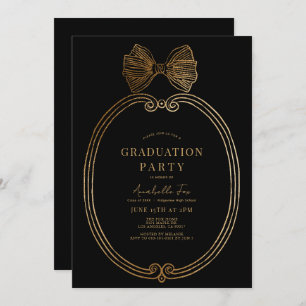 Gold Bow Ribbon Black Graduation Party Kaart