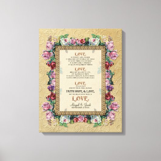 Gold Brocade Floral Love is Weddenschap Personaliz Canvas Afdruk (Voorkant)