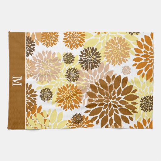 Gold Brown Flower Pattern Monogram Theedoek (Horizontaal)
