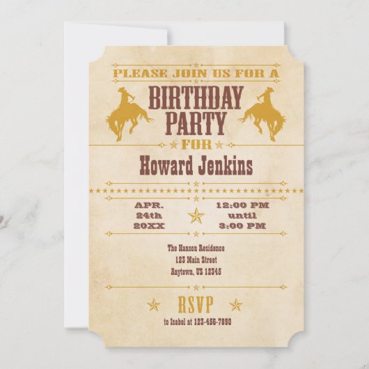 Gold Brown Vintage Cowboy Invitation Anniversaire (Devant)