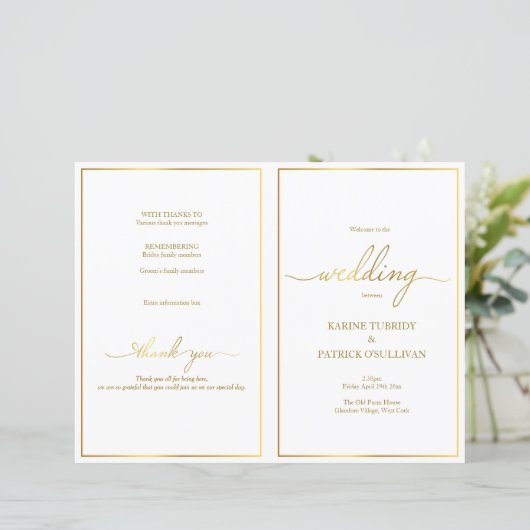 Gold bruiloft-programma, modern font & gouden gren (Staand voorkant)