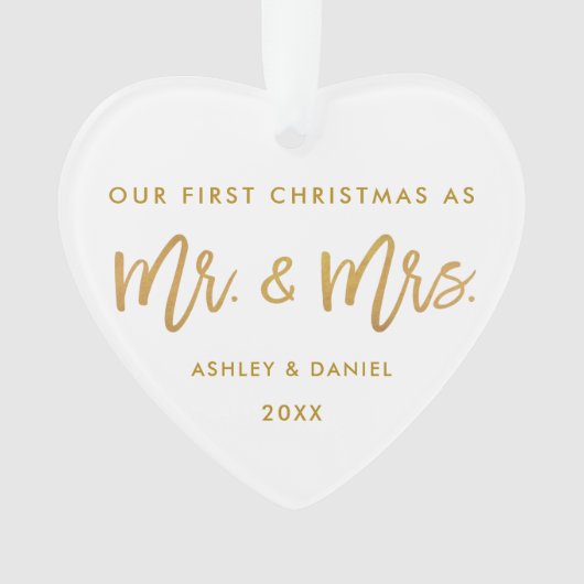 Gold Brush Script First Kerstmis | Foto terug Ornament (voorkant)