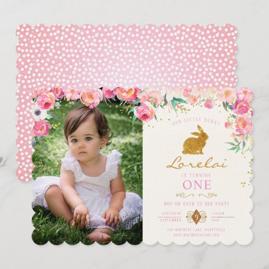 Gold Bunny Pink Floral Birthday Uitnodiging (Voorkant / Achterkant)