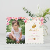 Gold Bunny Pink Floral Birthday Uitnodiging (Staand voorkant)