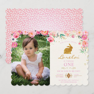 Gold Bunny Pink Floral Birthday Uitnodiging