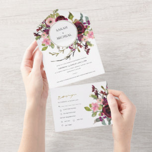 GOLD BURGUNDY BLUSH ROOS FLORAL WATERVERF WEDING ALL IN ONE UITNODIGING