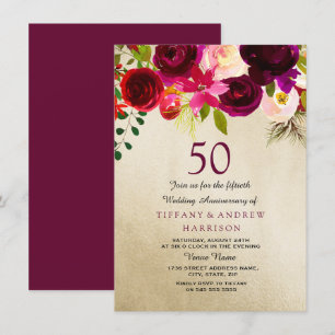 Gold & Burgundy Floral 50th Wedding Jubileum Kaart