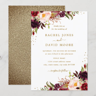 Gold Burgundy Floral Aquarelle Mariage Invitation