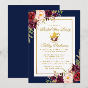 Gold Burgundy Floral Bridal Tea Party Blue Invite Kaart
