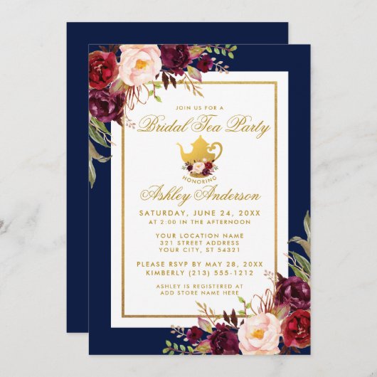 Gold Burgundy Floral Bridal Tea Party Invitation b (Devant / Derrière)