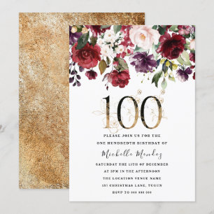Gold Burgundy Floral Elegant 100th Birthday Party Kaart