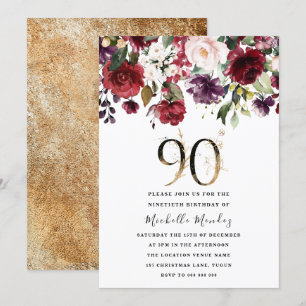 Gold Burgundy Floral Elegant 90e verjaardag Kaart