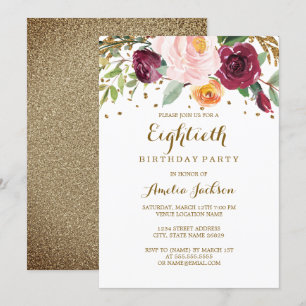 Gold Burgundy Floral Glitter 80th Birthday Party Kaart