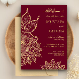 Gold Burgundy Mehendi Henna Islamic Wedding Kaart