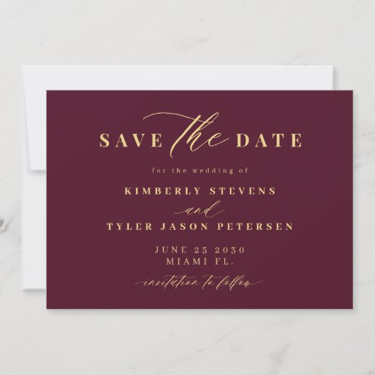 Gold burgundy QR code simple elegant wedding Save The Date (Voorkant)