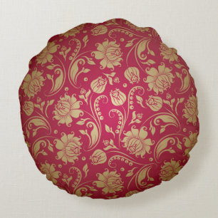 Gold & Burgundy Red Floral Damascus Pattern Rond Kussen
