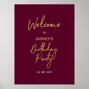 Gold & Burgundy Red Modern Birthday Party Welkom Poster