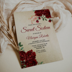 Gold Burgundy Red Rose Floral Sweet 16 Invite Kaart