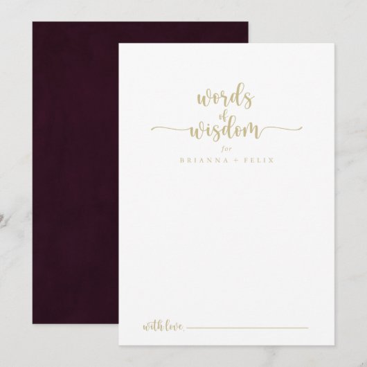Gold Burgundy Wedding Words of Wisdom Advieskaart (Voorkant / Achterkant)