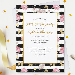 Gold Butterflies Floral Stripe Pattern Birthday Kaart