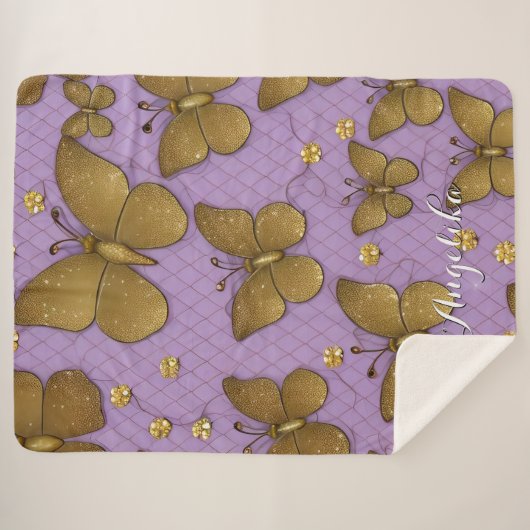 Gold Butterflies - Gepersonaliseerde naam Sherpa Deken (Voorkant (horizontaal))