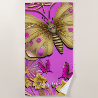Gold Butterflies Hot-Roze, gepersonaliseerde naam Strandlaken