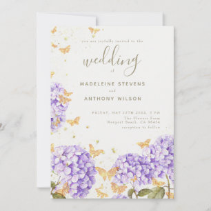 Gold Butterflies Paarse Hydrangea Rustic Wedding Kaart