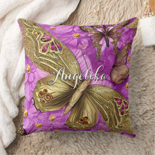 Gold Butterflies Pink Flowers Persoonlijke naam Kussen