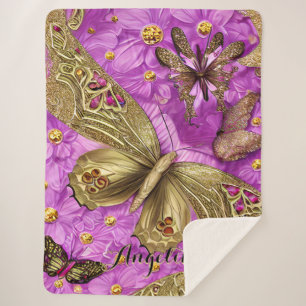 Gold Butterflies Pink Flowers Persoonlijke naam Sherpa Deken