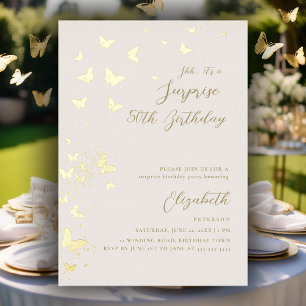 Gold Butterflies Surprise Party Gold 50ste verjaar Folie Uitnodiging