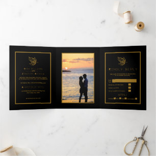 Gold Butterfly, Black & Gold Wedding Suite Drieluik Uitnodiging