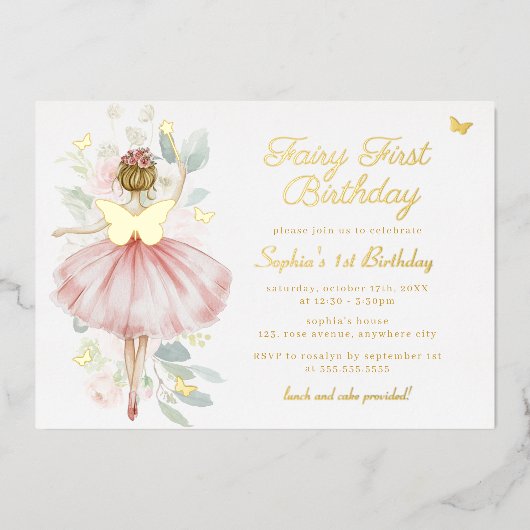 Gold Butterfly Blush Fairy Eerste 1e Verjaardag Folie Uitnodiging (Voorkant)