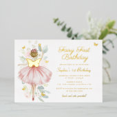 Gold Butterfly Blush Fairy Eerste 1e Verjaardag Folie Uitnodiging (Staand Voorkant)