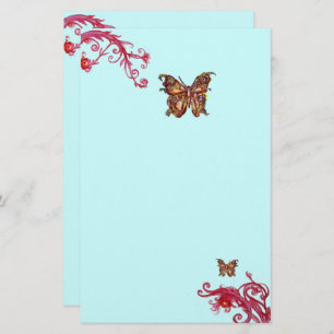 GOLD BUTTERFLY EN RED BERRIES Blauwgroen Blue Flor Briefpapier